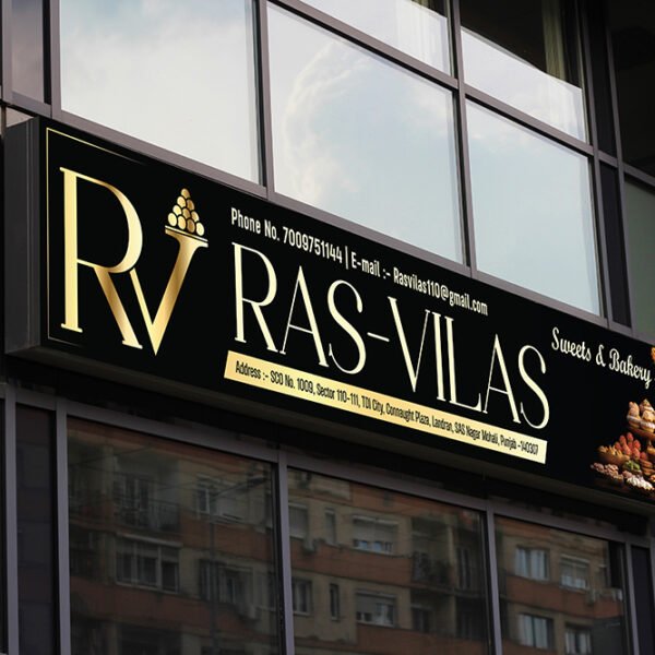 Blank white restaurant or shop sign mockup, large billboard banner on a storefront template.